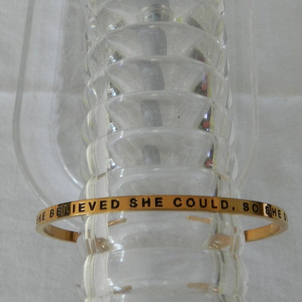 "She Believed She Could, So She Did" message cuff bracelet, gold & black